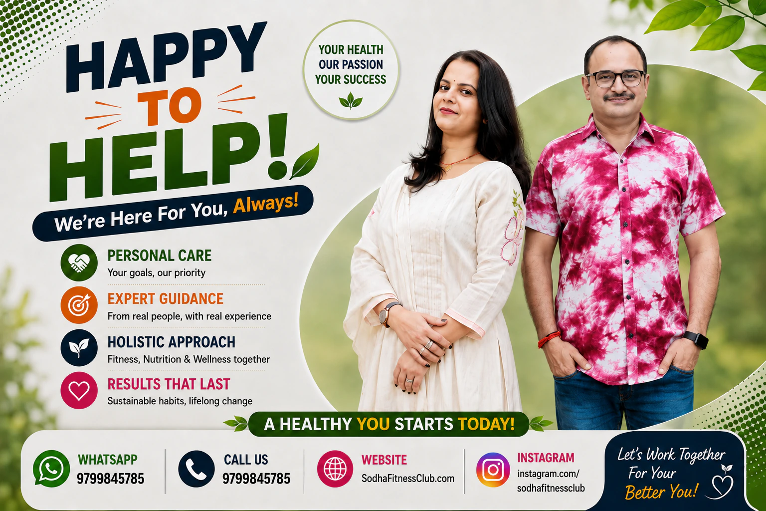 Sodha Fitness Club का contact graphic जिसमें एक महिला और एक पुरुष साथ दिखाई दे रहे हैं