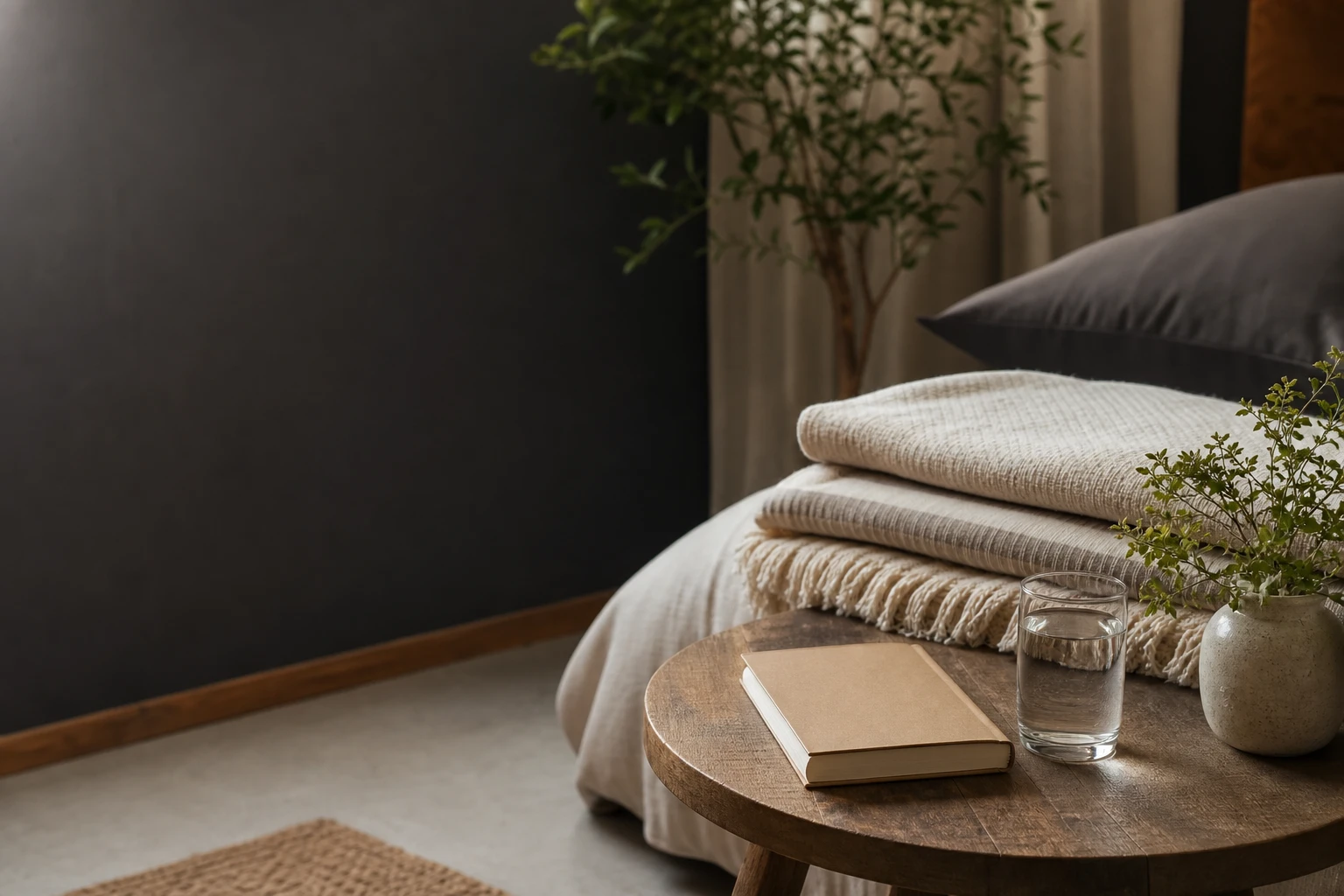 पानी, बंद journal और folded blanket के साथ शांत bedside corner